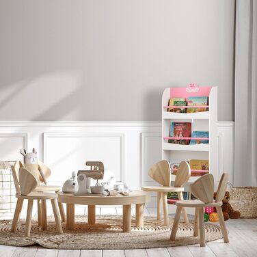 Дитяча книжкова полиця Relaxdays, 124x50,5x15 см, 4 секції, МДФ, біло-рожева, з малюнком лебедя