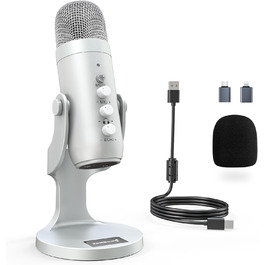 Zealsound USB мікрофон K66 сріблястий для подкастів, ПК, смартфонів, PS4/5, з шумозаглушенням, кнопками вимкнення/ехо/гучності, для ігор, запису, стрімінгу, YouTube, сумісний з Mac, Windows, Android