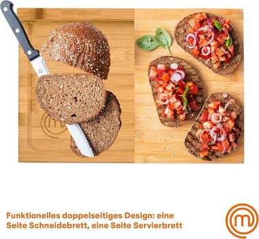 Дошка для нарізання MasterChef з бамбука, кухонна дерев'яна дошка з сокозбірником і бортиком, для м'яса, хліба, сиру, натуральна, екологічна, 38.5x26.5x2 см