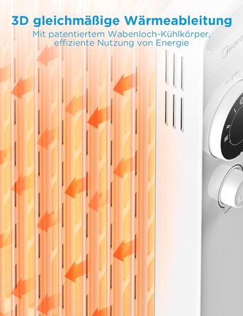 Масляний радіатор Midea NY2009-22M 2000Вт, 9 секцій, енергозберігаючий, безшумний, з термостатом, 3 режими нагріву, захист від перегріву і перекидання, ECO-режим, швидкий обігрів, портативний, білий, риб'ячий хребет