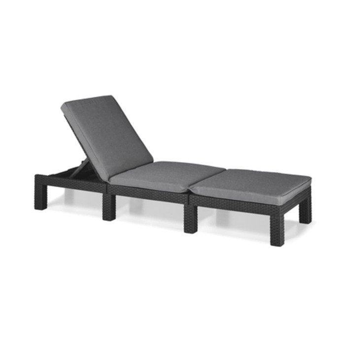 Шезлонг Daytona Deluxe Allibert Keter для саду, тераси та балкону, сірий, з регульованою спинкою, з подушкою, пластиковий, імітація ротангу, 195x65x25,5 см