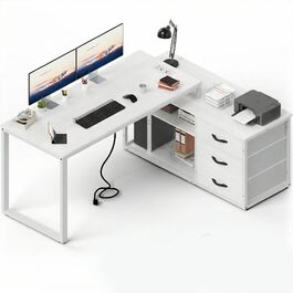 Кутовий письмовий стіл JUMMICO з шухлядами, 140x105x75 см, білий, з USB-роз'ємами та розетками