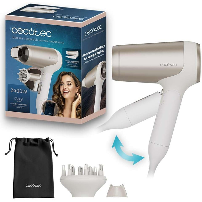 Фен для волосся Cecotec IoniCare Power&Go Black, 2400 Вт, з іонізацією та сумкою для зберігання, колір шампань