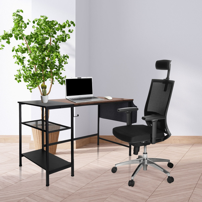 Робочий стіл / письмовий стіл WORKSPACE H I 120 x 60 см з бічною полицею, чорний / коричневий hjh OFFICE