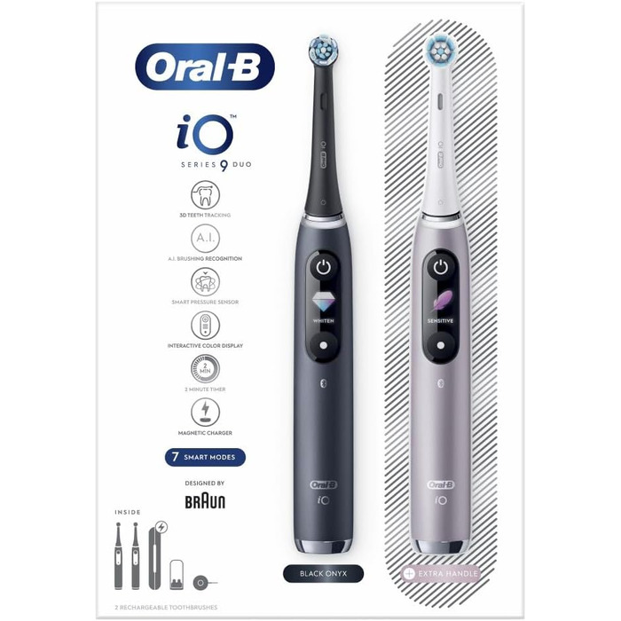 Електрична зубна щітка Oral-B iO 9 Duopack (2 щітки), чорна та рожева, з штучним інтелектом, дорожніми кейсами та насадками