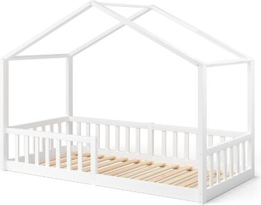 Дитяче ліжко-домік Bellabino Bia 80x160 см, біле, з бортиком і основою, Montessori підлогове ліжко з масиву сосни