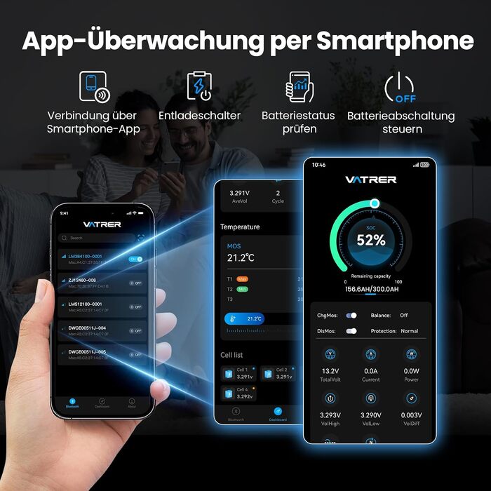 LiFePO4 акумулятор VATRER POWER 12V 300Ah з системою самопідігріву та Bluetooth