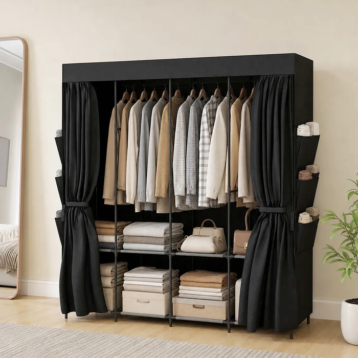 Тканинна шафа для одягу, пилозахисна, портативна, 5 штанги, 170 x 45 x 167 см, чорна