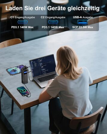Power Bank AsperX 20000mAh, 165W, 2x USB-C 100W, Алюмінієвий Корпус, Вбудований Кабель 60см, TFT-Дисплей, для iPhone, MacBook, Samsung