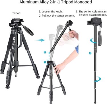 Neewer портативний штатив 177 см з алюмінію з 3D головкою для DSLR камер, чорний