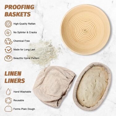 Набір для випічки хліба Brot: 2 корзини (23см круглі, 25см овальні), тейгшкребок, мішалка, тканинний вкладиш & лам, 100% ротанг