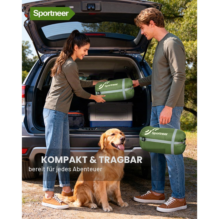 Спальний мішок Sportneer Outdoor у формі ковдри 220×85 см, з отворами для рук, 1.5 кг (Зелений, температурний режим 10-26 °C)