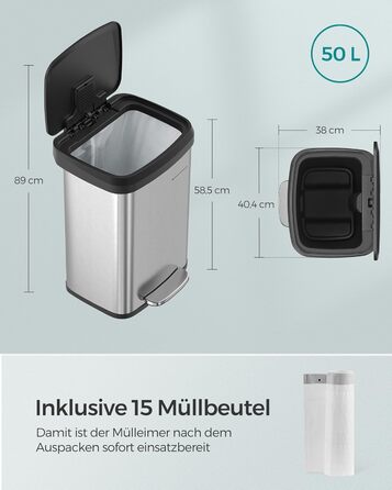 Металевий педальний смітник SONGMICS для кухні 50 л, високий, вузький, з кришкою, сріблясто-чорний
