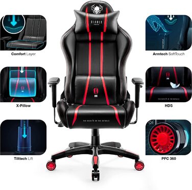 Ігрове крісло Diablo X-One 2.0 з регульованими підлокітниками, ергономічним дизайном, подушками для шиї та попереку, функцією гойдання, червоне, розмір L – комп'ютерне крісло для геймерів та офісу
