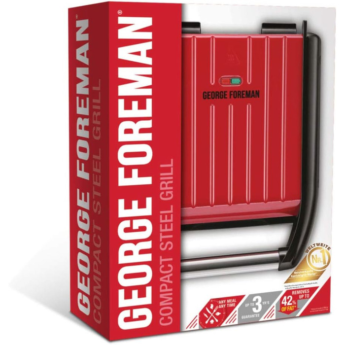 Контактний гриль George Foreman 24x17 см, червоний, для м'яса, риби, овочів, паніні та сендвічів, компактний, до 3 порцій, зменшує до 42% жиру
