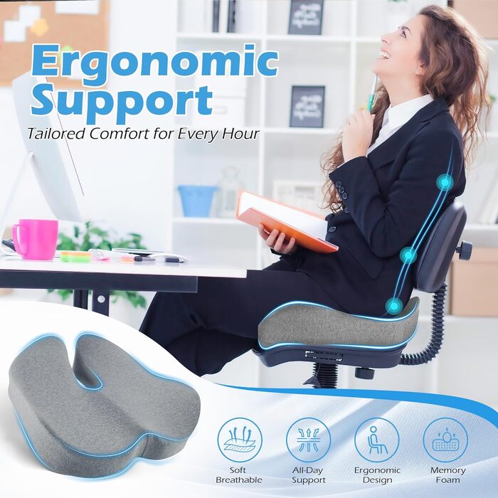 Подушка для офісного крісла Lofty Aim з Memory Foam: ергономічна, для куприка, при болях у спині, для офісу, авто, літака, інвалідного візка - Чорний та світло-сірий