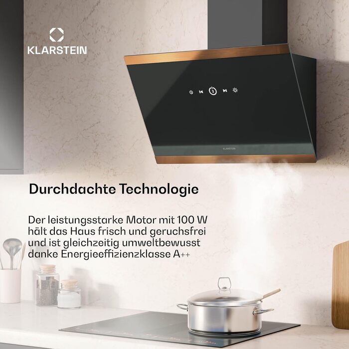 Витяжка кухонна Klarstein FlashLine 60, 60 см, чорна з міддю, продуктивність 524 м³/год, сенсорне керування, LED-підсвітка, клас A++, режим відведення та рециркуляції