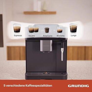 Кавомашина автоматична Grundig KVA 6230, 19 бар, сталева кавомолка (13 ступенів), капучинатор, підігрів чашок, чорний/сріблястий