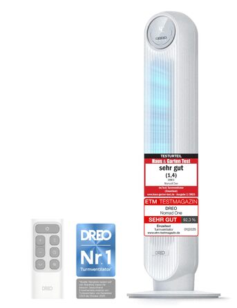 Dreo Turmвентилятор 92 см з пультом, 4 режими, 4 швидкості, 90° осциляція, таймер 8 год, білий