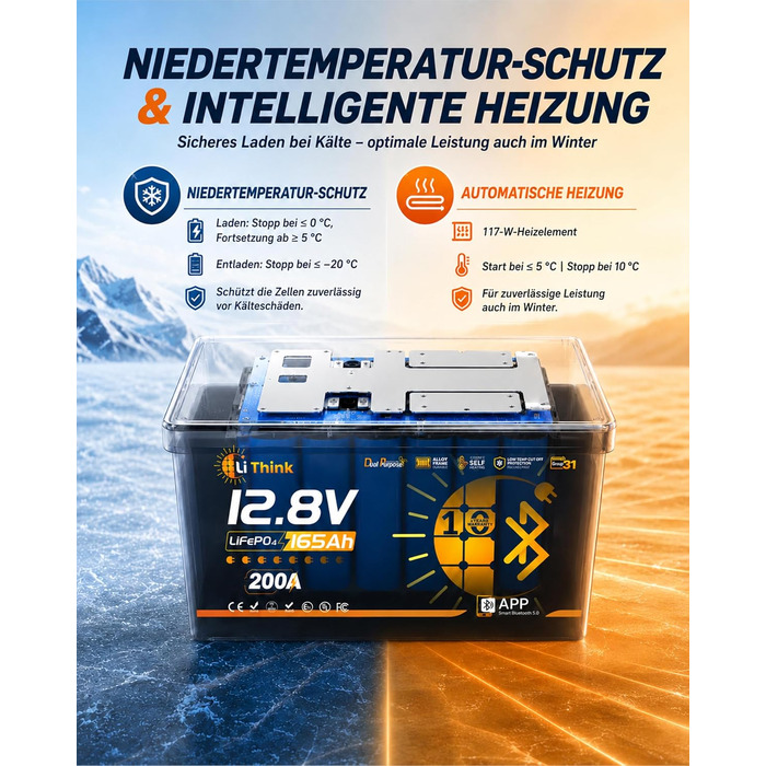LiFePO4 акумулятор 12V 165Ah для кемпера та автобудинку, Bluetooth 5.4, стандарт ECE R10, літієва батарея H190 Dual Purpose