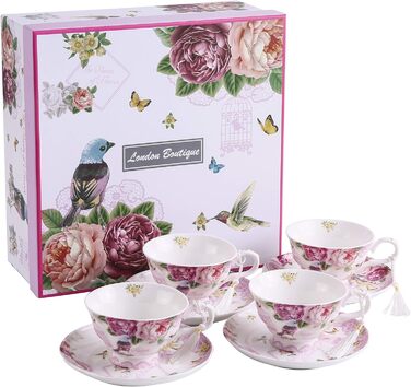 Порцеляновий чайний сервіз London Boutique, 4 предмети: чашки та блюдця з пташками, квітами та метеликами, подарункова коробка