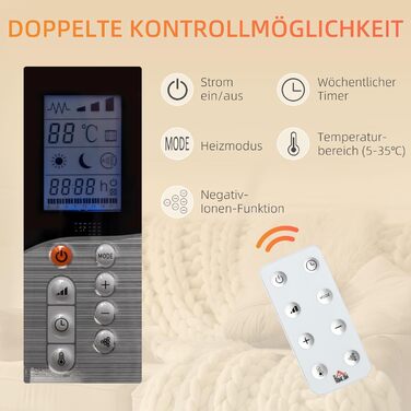 Електричний обігрівач HOMCOM 2000Вт з LCD-дисплеєм, 2 режими нагріву, дистанційне керування, захист від перегріву та перекидання, для кімнат до 15 м², білий, 75x7,5x58,5 см
