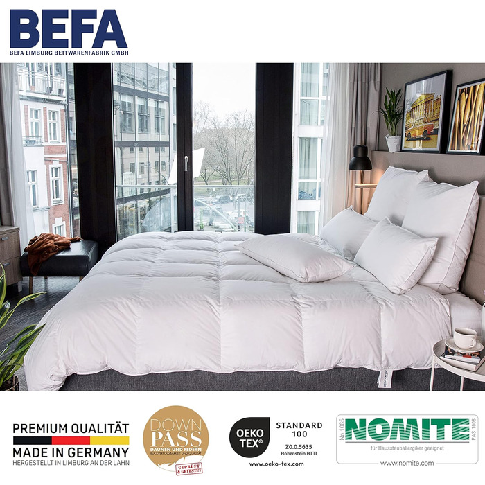 Зимова пухова ковдра BEFA NATUR 155x220 см, 60% пух, 40% перо, гіпоалергенна, сертифікат OEKO-TEX 100, Made in Germany
