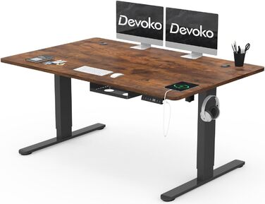 Електричний стіл Devoko з регулюванням висоти 140x80 см, дуб, USB-A зарядка, кабельний органайзер, пам’ять на 3 позиції