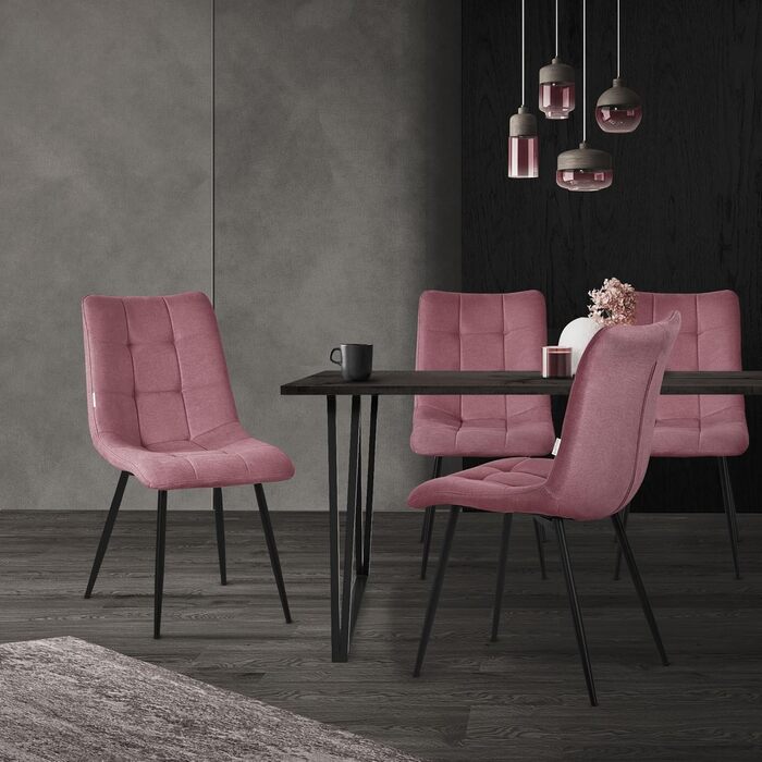 ML-Design Комплект з 2 стільців для їдальні, рожеві, з м'яким сидінням, тканинний, чорні металеві ніжки, для кухні, вітальні, офісу
