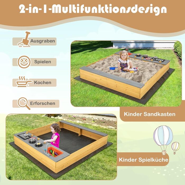 Пісочниця DREAMADE 135x125x20 см з сосни для вулиці: пісочний набір з аксесуарами та лавкою