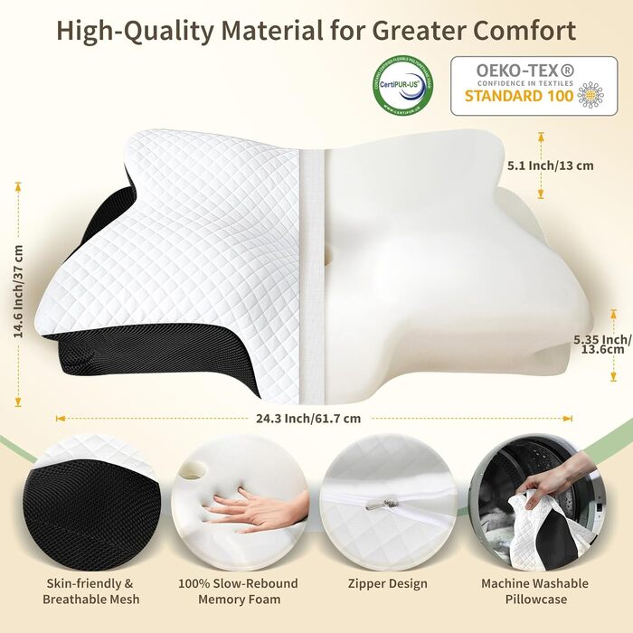 Ортопедична подушка для шиї з Memory Foam, ергономічна для сну на боці, спині та животі, 61.7x37x13/13.6 см, чорна
