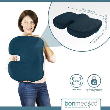 Ортопедична подушка для сидіння Bonmedico з Memory Foam та гелевим наповнювачем - для автомобіля, офісного крісла та інвалідного візка. Великий розмір (Блакитний)