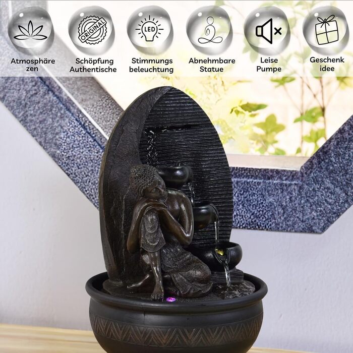 Декоративний фонтан Zen'Light Будда Grace з кольоровою LED-підсвіткою для медитації та релаксації, безшумний насос, знімна скульптура, висота 40 см