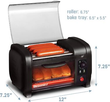 Тостер для хот-догів Elite Cuisine EHD-051B, 30-хвилинний таймер, сталеві нагрівальні ролики, піддон для крихт, 4 булочки, чорний, серія World Series Baseball