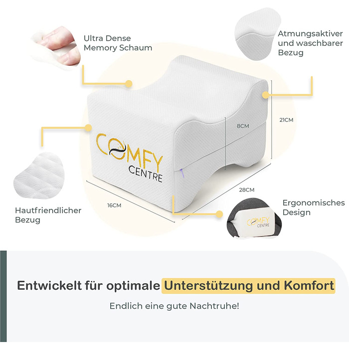 Подушка для сну на боку ComfyCentre: ортопедична подушка між колінами з піни Memory Foam - біла, без ременя