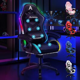 Ігрове крісло ALFORDSON з 8-точковим масажем, RGB LED підсвіткою, ергономічне, з підніжкою, підголівником і поперековою подушкою, для дітей та дорослих, чорне