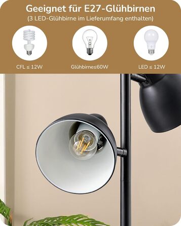 Торшер EDISHINE 163 см, 3 лампи, чорний, з LED-лампою E27, регульований, вінтажний, для вітальні, спальні, офісу, з індивідуальними вимикачами, сучасний дизайн, лампа у комплекті