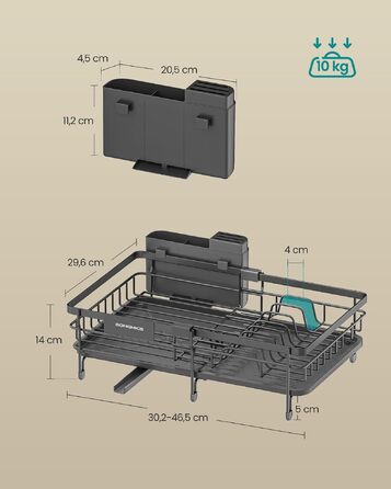 Розсувна сушка для посуду SONGMICS з поворотним сливом 360°, сталева підставка для маленьких кухонь, антрацит, (30,2-46,5) x 29,6 x 14 см, KCS556BH01
