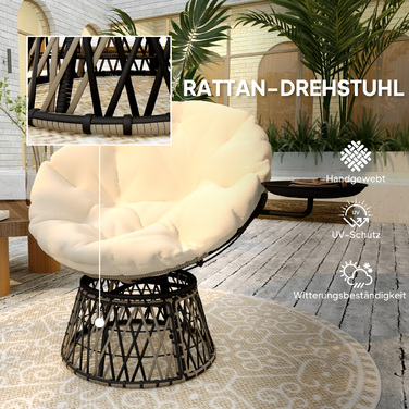 Крісло Outsunny Papasan Ротанг 360° Поворотне плетене крісло з подушкою Діаметр 90 см Кругле зовнішнє ротангове крісло Поворотне крісло Крісло для відпочинку Крісло для відпочинку Крісло для вітальні Сад Балкон бежевий