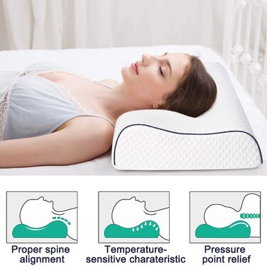 Ергономічна подушка для сну Fityou з ефектом пам'яті (Memory Foam) для підтримки шиї, регульована висота, з мийним чохлом, 60x35x9/11 см, синій кант