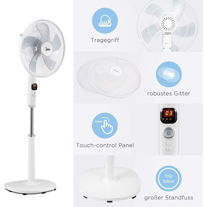 Вентилятор підлоговий Midea FS40-16CR з DC-мотором, 12 швидкостей, тиха робота 27 дБ, дистанційне керування, LED-дисплей, таймер 12 год, 4 режими, енергозбереження, 5 лопатей, регульована висота, білий