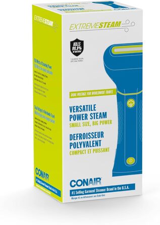 Дорожній парогенератор Conair Power Steam, портативний відпарювач для одягу, компактний і складний, потужна пара 20 г/хв, з вішалкою, ідеальний для подорожей, синій, європейська вилка