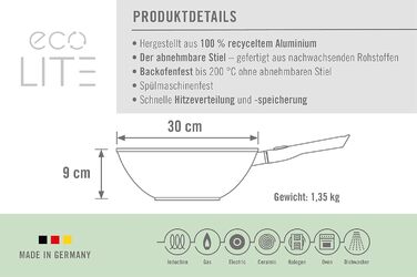Сковорода-вок Woll Eco Lite 30 см, індукційна, знімна ручка, литий алюміній, для всіх плит, чорна