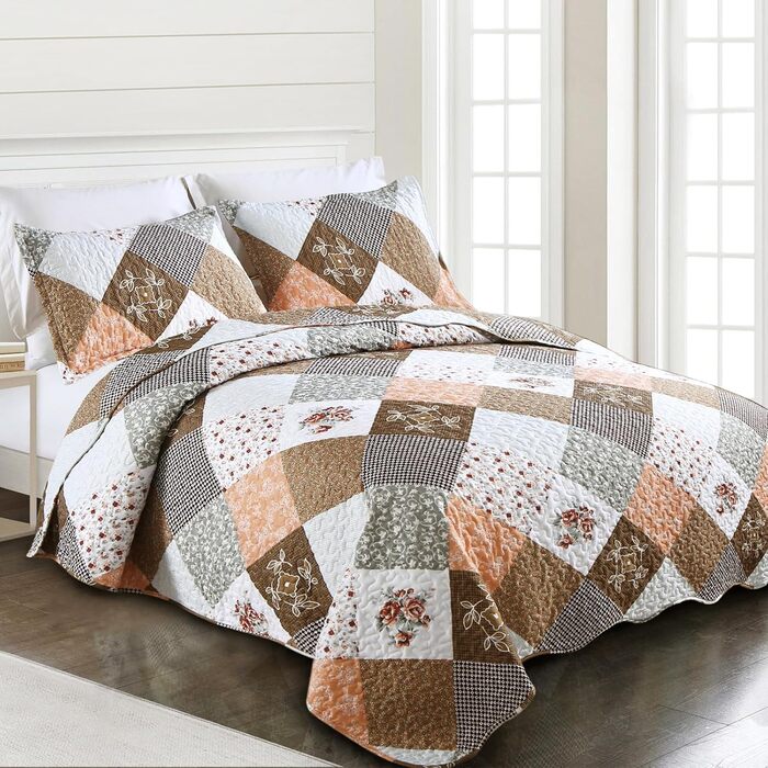 Покривало WONGS BEDDING 220x240 см синє, стьобане, мікрофібра, квітковий патчворк, з 2 наволочками 50x75 см