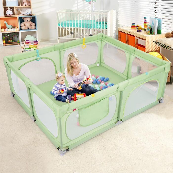 Дитячий ігровий манеж COSTWAY 189x158 см, з 50 кульками, 4 ручками та 4 дверцятами на блискавці, дихаюча сітка, зелений, без матраца