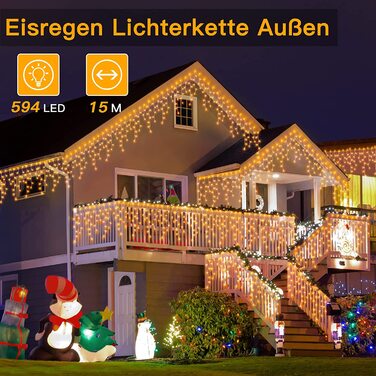 Світлодіодна гірлянда Ollny 15 м, 594 LED, біла, з пультом, водонепроникна, для вулиці, балкона, вікна, будинку, павільйону, тераси, новорічна декорація