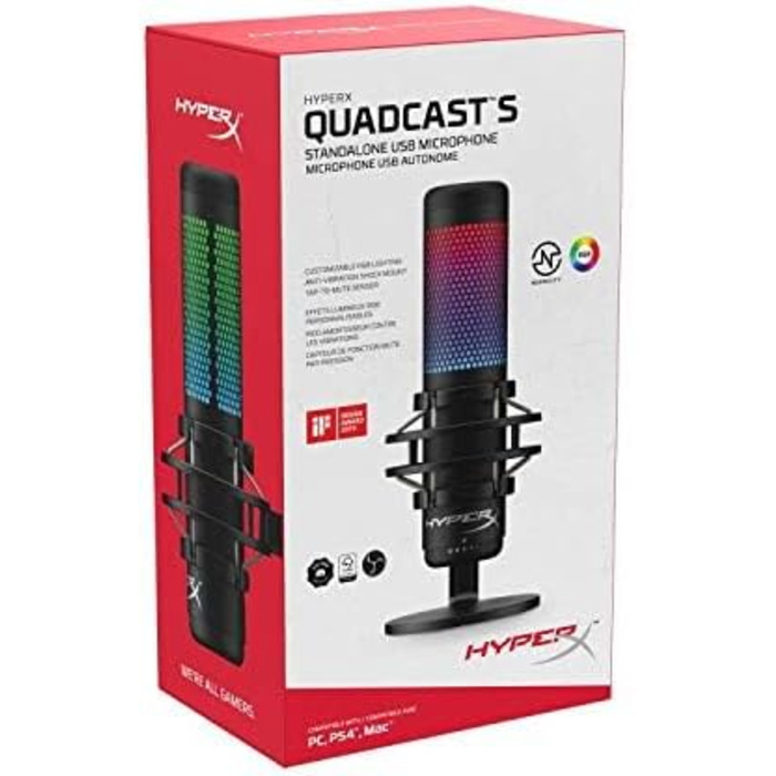 HyperX QuadCast S – RGB USB конденсаторний мікрофон для ПК, PS4, Mac, із захистом від вібрацій та ударів, поп-фільтром, для ігор, стрімінгу, подкастів, Twitch, YouTube, Discord