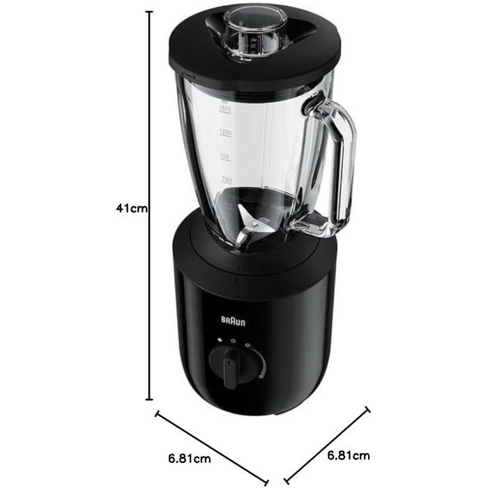 Блендер Braun PowerBlend 3 JB 3150 BK, 1,5 л, скляна чаша, 800 Вт, чорний, кухонний помічник для подрібнення, пюрування та змішування