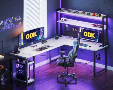 ODK Кутовий комп'ютерний стіл L-подібний з LED-підсвіткою, USB зарядкою та розеткою, білий, для геймінгу та домашнього офісу, 168×120 см
