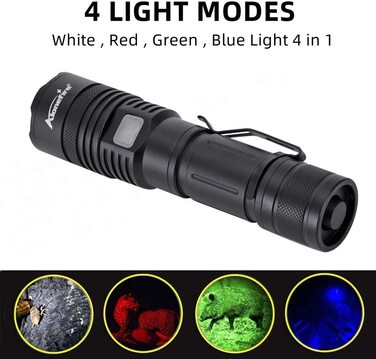 Alonefire X37 Тактичний LED ліхтар 4 кольори (зелений, синій, білий, червоний) RGB, USB-зарядка, водонепроникний, зум, з акумулятором і Powerbank для полювання, поліції, виживання, екстрених ситуацій, для вулиці